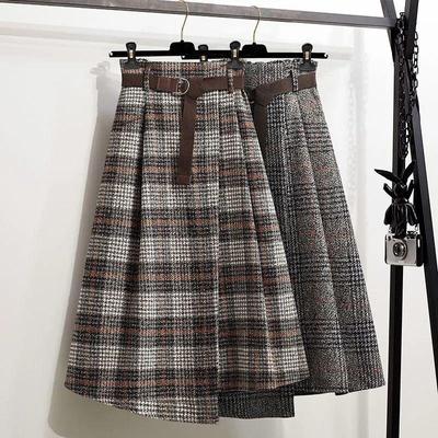 Autumn and Winter Women's Skirt High Waist A-line Skirt Vintage Plaid Elastic Wais Woolen Plaid Skirt