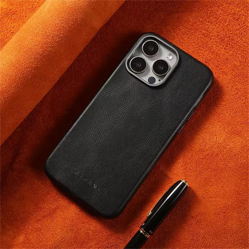 

Роскошный ультратонкий кожаный чехол Magsafe для iPhone 16 15 14 13 12 11 Pro Max Plus противоударный бампер деловой чехол iPhone 13 Pro чёрный