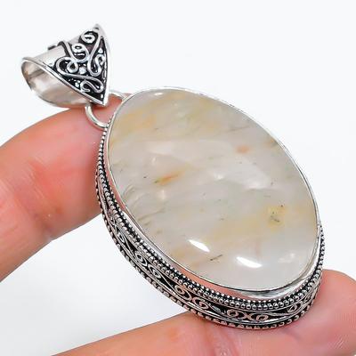 Natural Plume Agate Gemstone Handmade 925 Sterling Silver Pendant 2.29" J0b59
