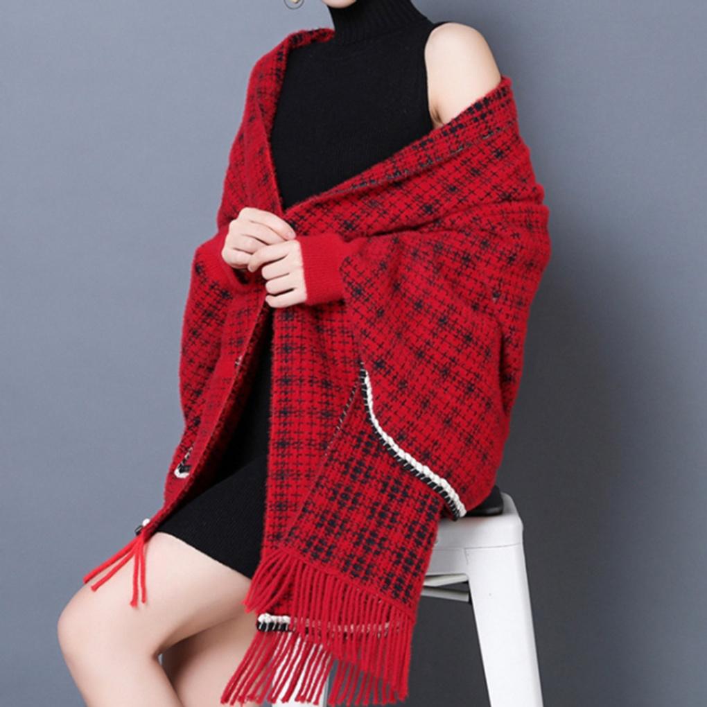 Cashmere Women's Tweed Pocket Cardigan Cloak Shawl Cape