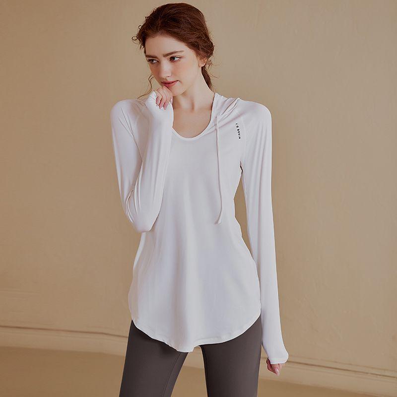 Top de entrenamiento con capucha de manga larga ajustado para mujer Otoño Primavera Cintura Alta Holgado Camisa de Fitness para Correr Yoga Gimnasio
