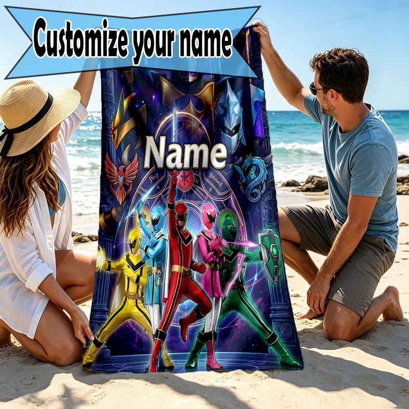 Custom Name Personalized Power Rangers Print Beach Towel, for Trip Camping Beach Party Home Decor, Birthday Gift for Family & Friends