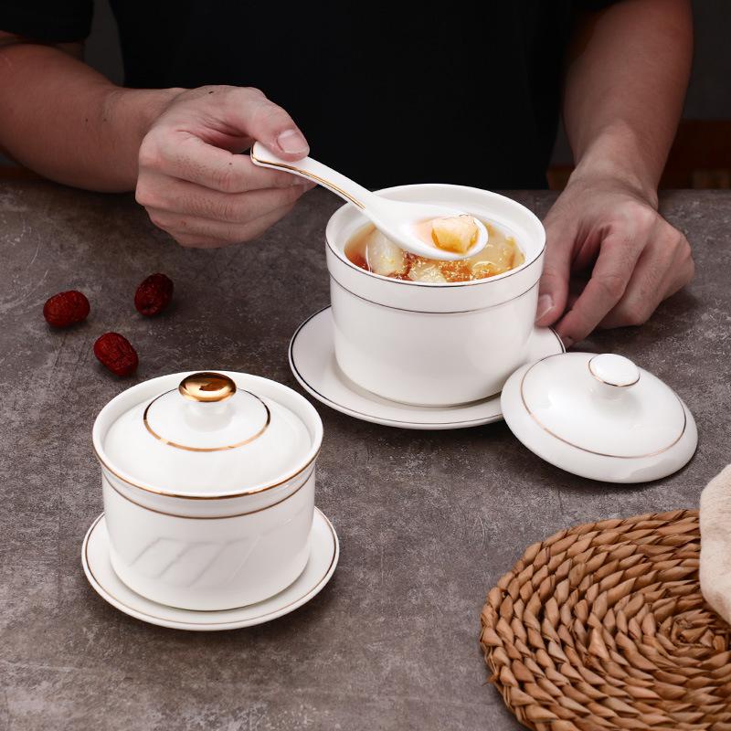Keramik-Schmortopf mit Deckel, goldrandig, für den gewerblichen Gebrauch: Ideal für Vogelnestersuppe, gedämpfte Desserts und Eier.