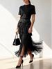 Elegant Rose Red Tassel High-Waisted Skirt for Women