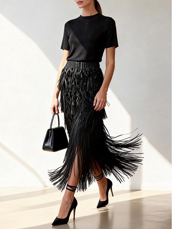 Elegant Rose Red Tassel High-Waisted Skirt for Women
