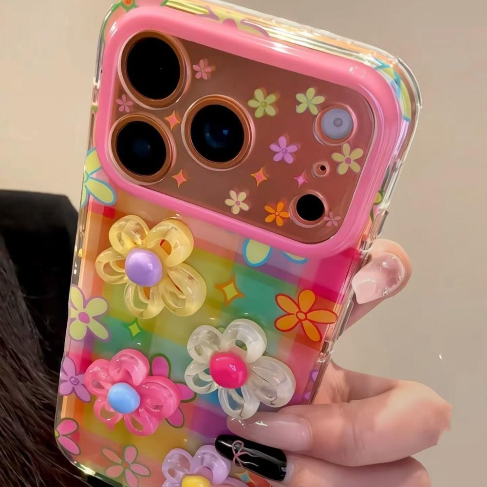 Korean Style Ins Dopamine Colorful Checkered 3D Flower iPhone 17 Pro Max Case for Apple 15 Pro 14 13 16 Women Unique Full Cover