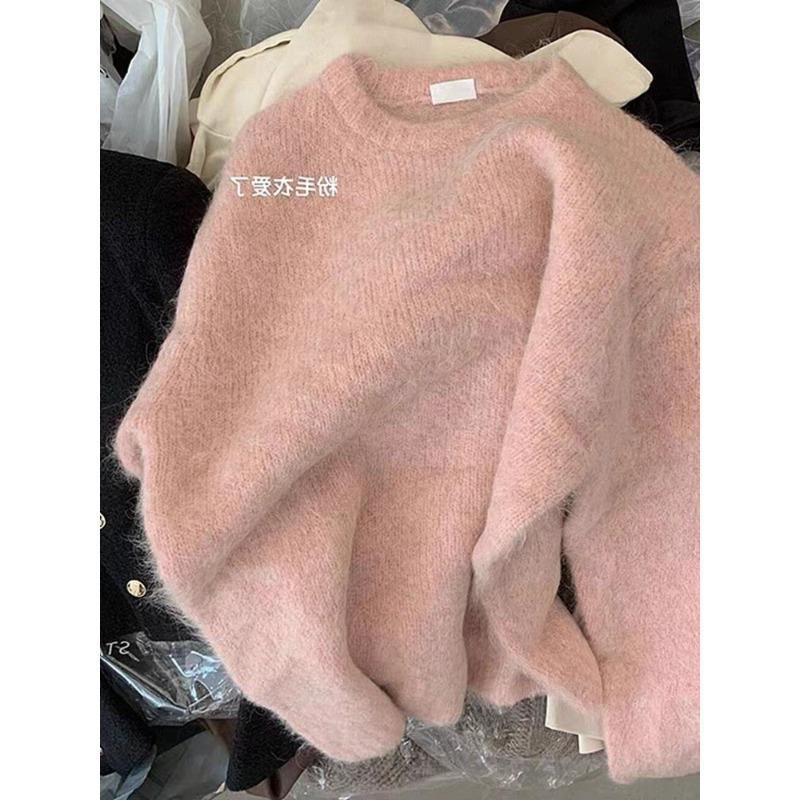 

Осень и зима нежный мягкий восковой толстый нишевый шикарный розовый мохеровый свитер вязаный свитер one size fits all розовый