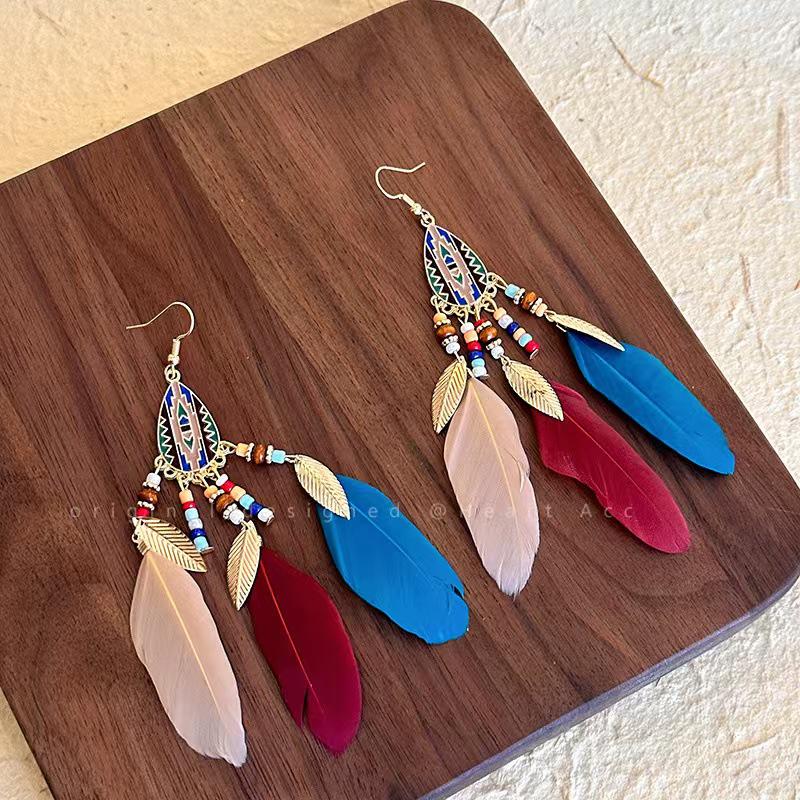 Bohemian Feather Tassel Earrings for Women - Exotic Ethnic Style, Perfect for Vacations and Retro Fresh Looks.