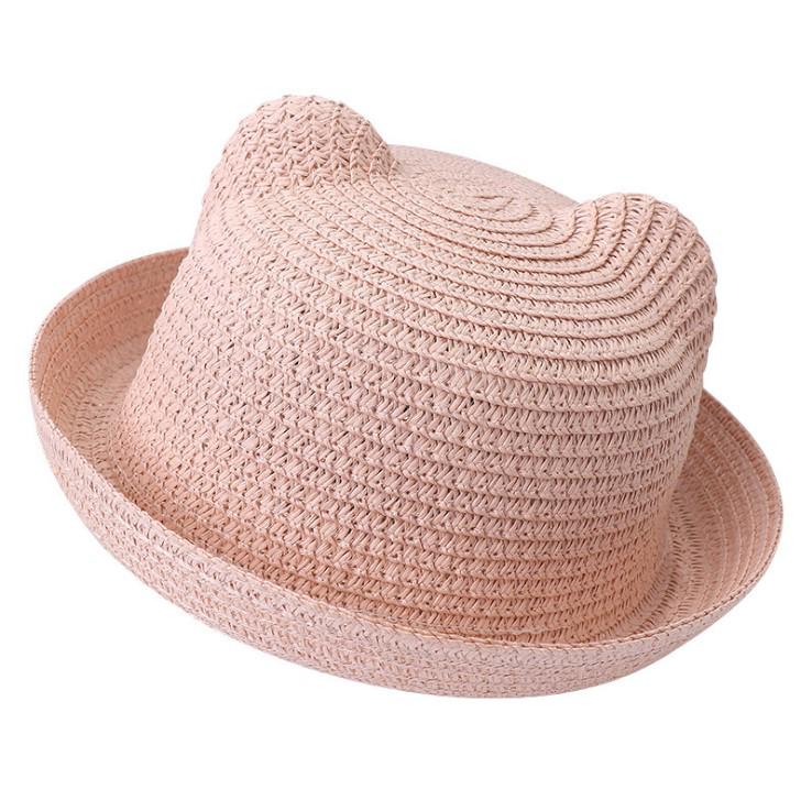 Kids' Korean Style Summer Straw Sun Hat with Cat Ears - Breathable Parent-Child Vacation Design