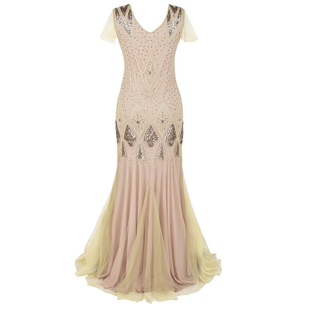 Women Vintage 1920s Bead Fringe Sequin Lace Party Flapper Cocktail Prom Dress