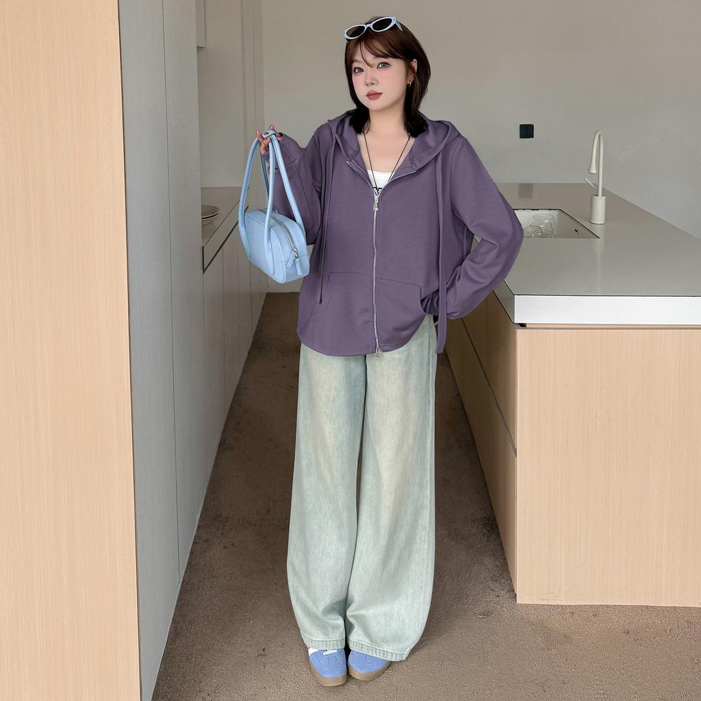 Large Size Women's Clothing Autumn New Solid Color Hooded Sweater Jacket Women's Zipper Pocket Top 333102