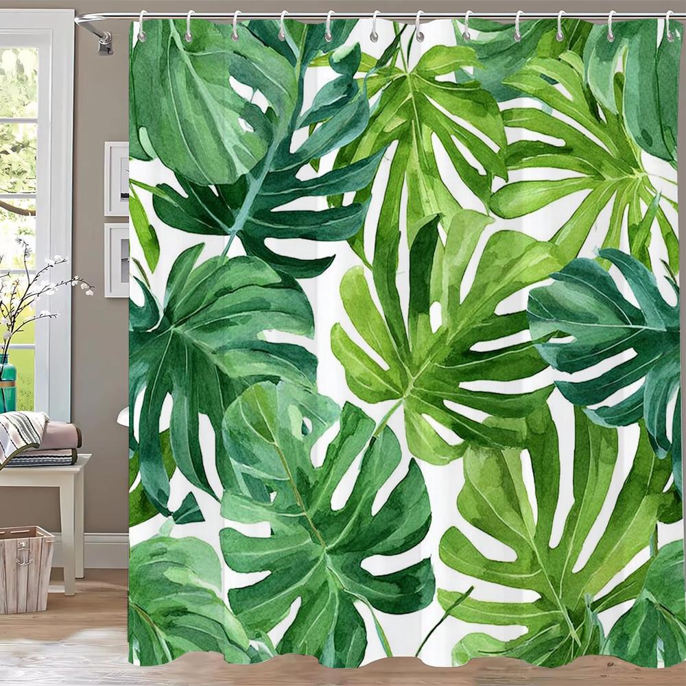 Tropical Leaves Shower Curtains Green Palm Leaf Plants Bath Curtain Set Modern Polyester Fabric Screen Bathroom Decor With Hooks