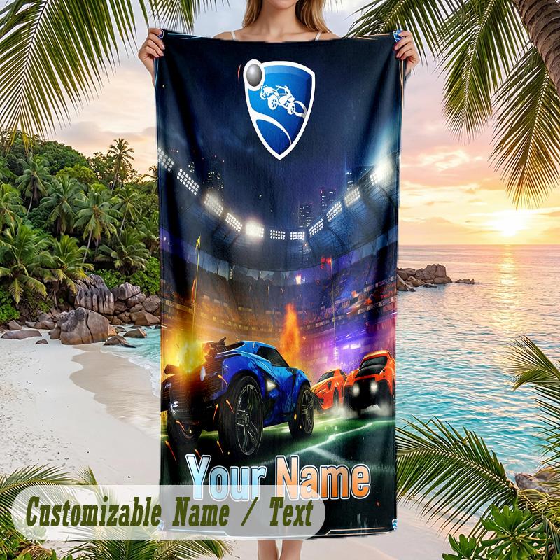 Rocket League Beach Towel, Personalized Custom Text, Quick Dry Soft Large Towel For Swimming Pool Travel