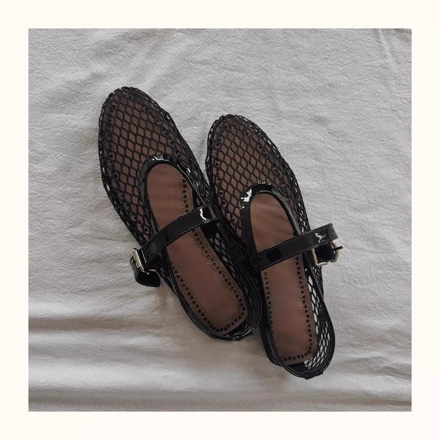 

Korean version niche mesh ballet women s shoes spring and summer new breathable hollow retro flat-soled single shoes sandals fishing net shoes 42 чёрный