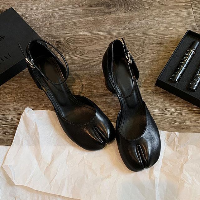 Fashion High Heels Shoes Woman Ankle Strap Silver Black Leather Pumps Split Toe Mary Janes Shoes Woman 2025 Spring Summer Heeled Sandals