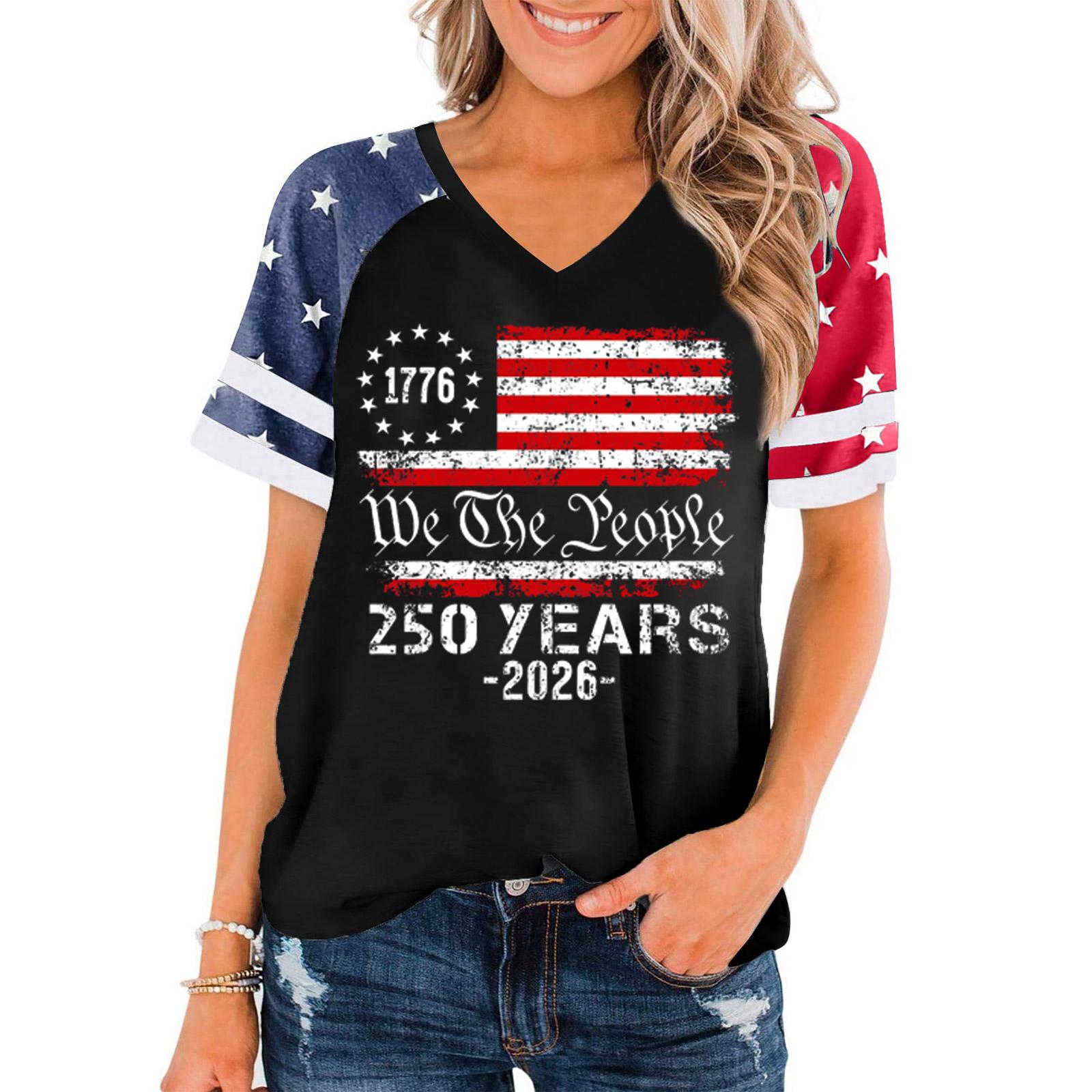 

Women s Casual V Neck Short Sleeve Pullover T Shirt Independence Day Graphic Top 250 Years Commemorative Design Lightweight Comfortable Fit L