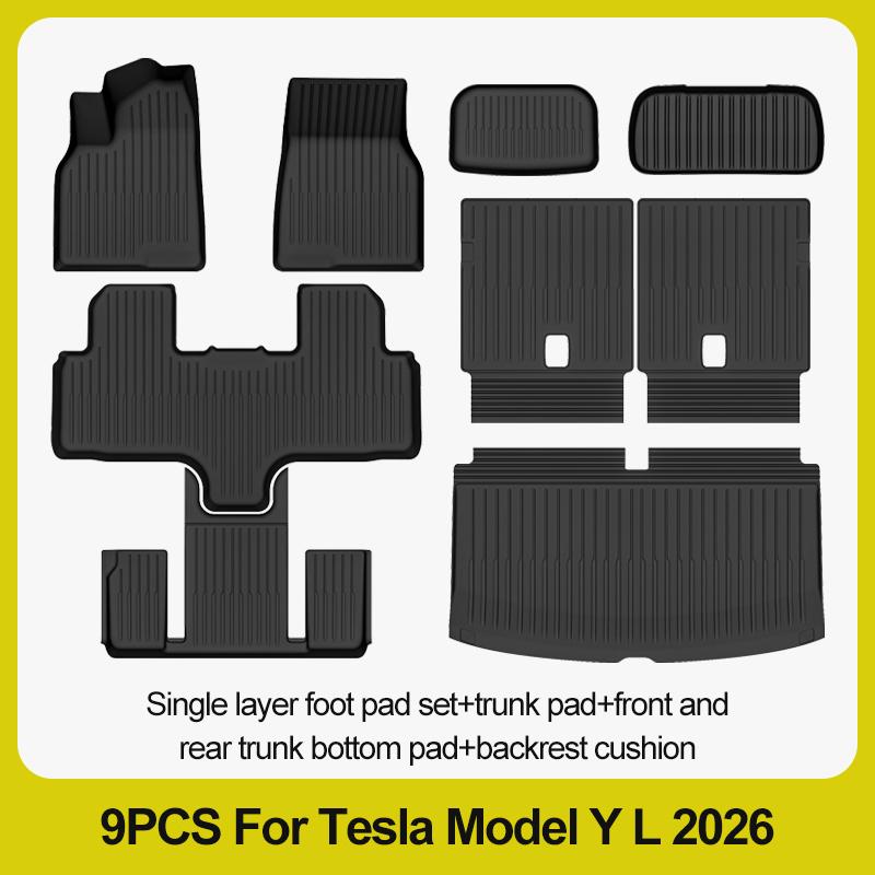 Tapis de sol 6 places pour Tesla Model Y L 2026+, tapis de coffre TPE 3 rangées, housse de siège arrière, doublure de coffre avant, plateau de