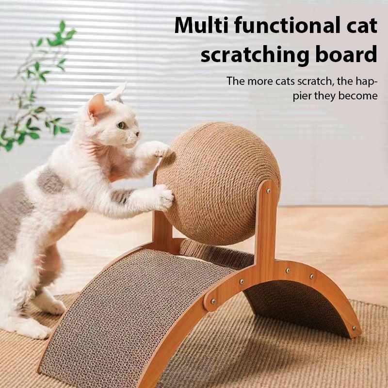 2In1 Arched Cat Scratching Pad Wooden Scratching Post with Cat Ball Wear-Resistant Chew Toy for Pets Scratch Board