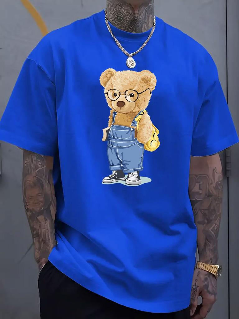 Cartoon Bear Graphic Printed Short-sleeved Cotton T-shirt, Summer Unisex, Casual, Loose-fitting, Clothing for Men and Women