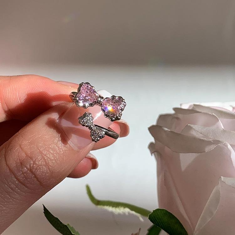 Elegant Women's Adjustable Sweet Pink Zirconia Bow Ring for Index Finger