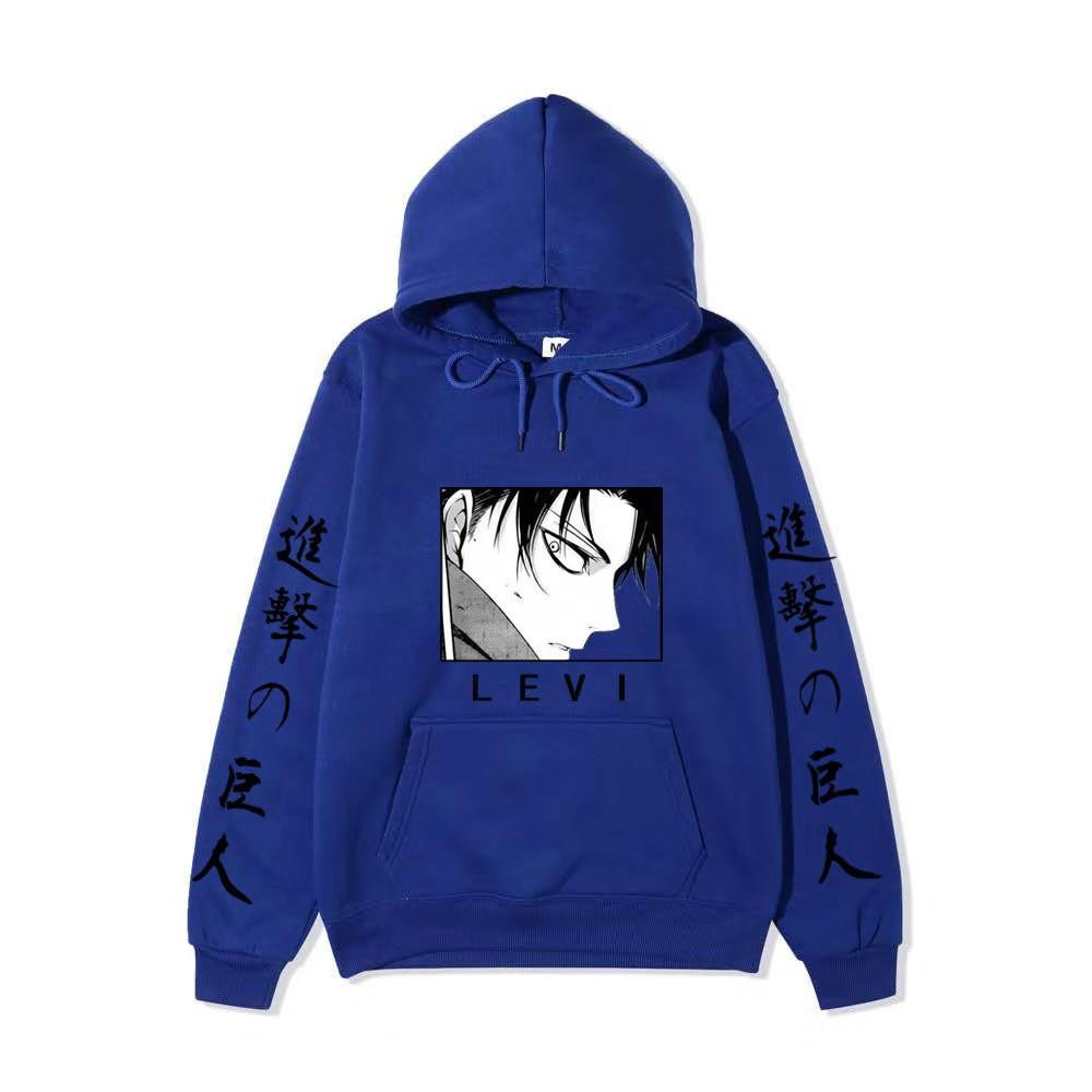 Anime Attack on Titan Levi Ackerman Hoodie, Double Sleeve Japanese Text Print Pullover Sweatshirt Long Sleeve Streetwear for Men Women