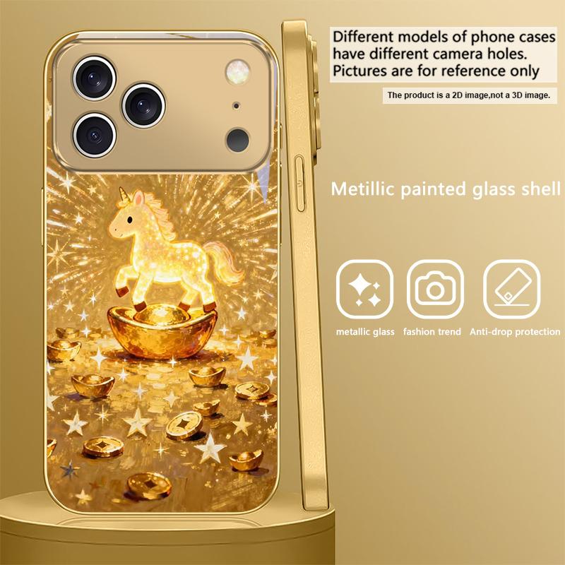 The shining golden pony For IPhone 17Pro Max 16 17 Pro 15 Pro 14 13 Plus 12 Mini 11Pro Max XR 16E 17 Air Golden glass phone case