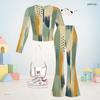Girls Dark Blue Printed Round Neck Long Sleeve Crop Top Flared Pants Two Piece Set