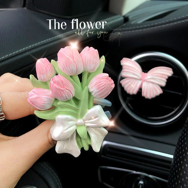 

High-End Tulip Butterfly Flower Car Fragrance Diffuser Stone Car Air Vent Decoration Car Interior Ornament Smoke Pink Rose