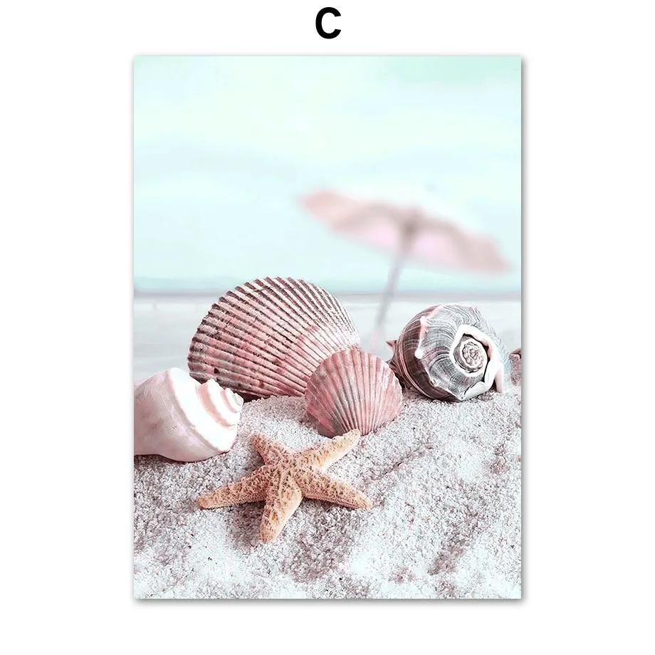 Nordic Pink Bus Beach Palm Surfboard Conch Canvas Painting Wall Art Posters and Prints Wall Pictures for Living Room Home Decor