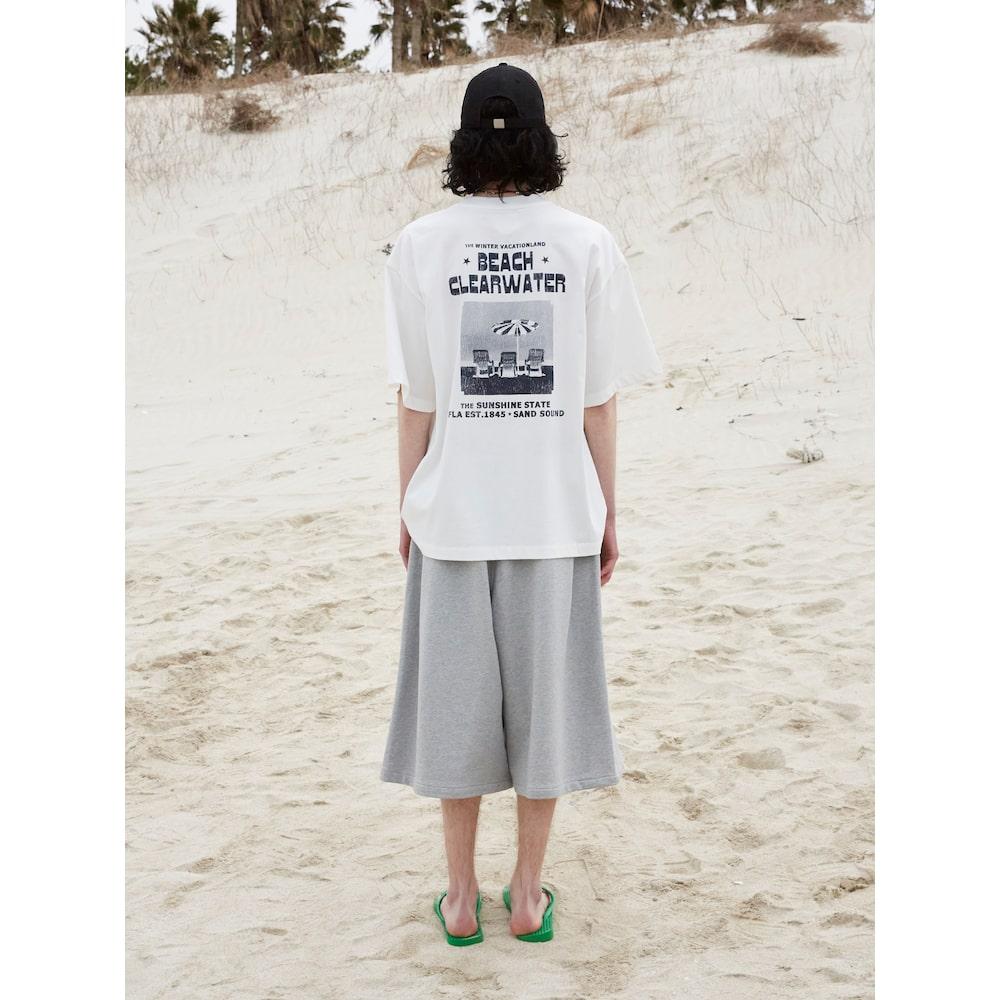 Saendeusaundeu (Unisex) Beach Graphic Oversized Short Sleeve T-Shirt Ivory