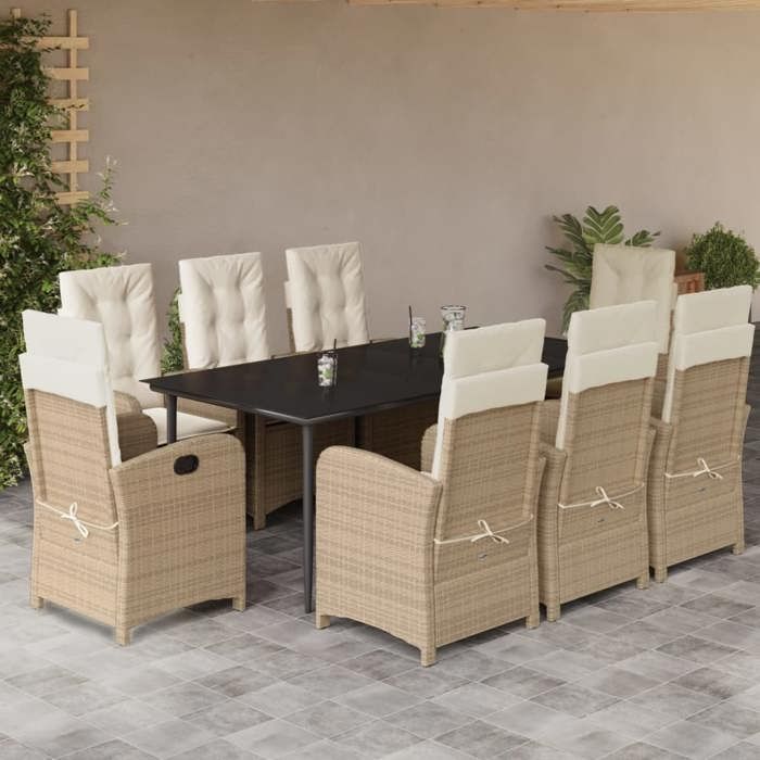 VidaXL Ensemble à Manger de Jardin avec Coussins 9 pcs, Table et Chaises avec Dossier Réglable, Meubles d'Extérieur Patio 3212379