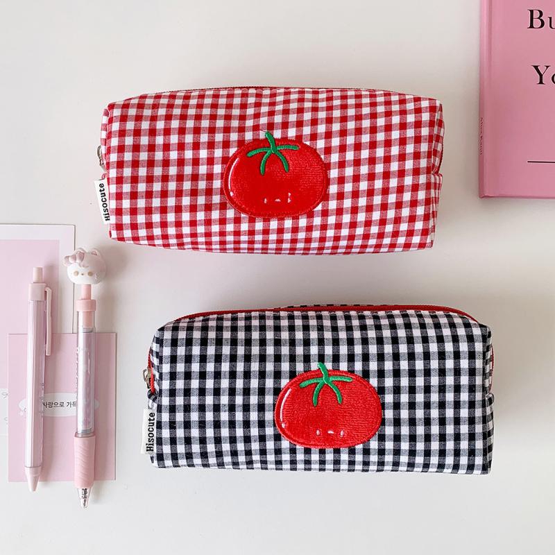 1Pcs Portable Canvas Pencil Case Tomato Gingham Storage Organizer Makeup Bag Large Capacity Cosmetic Bag Women Girls