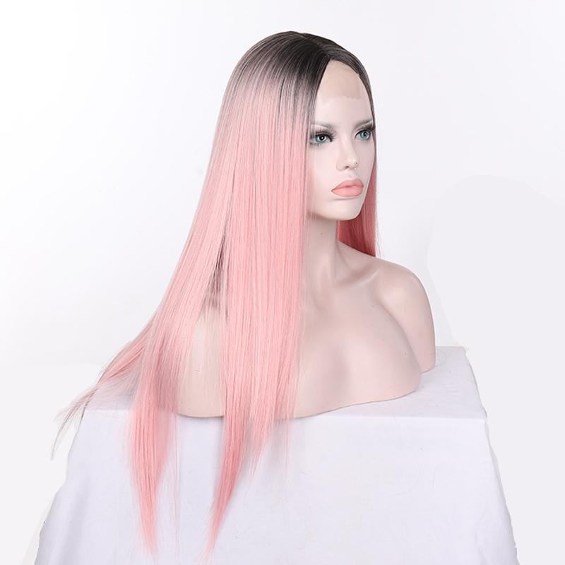 Long Straight Synthetic Lace Front Wig For Black Women Heat Resistant Hair Ombre Pink Wig