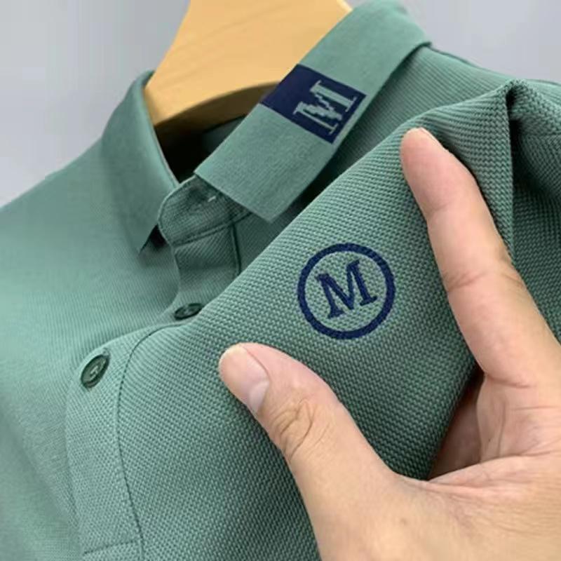 Embroidered Busin Men's  Irt Ice Silk Cool Modal Ort Sve T-irt Faionable Turn-down Collar Summer Top