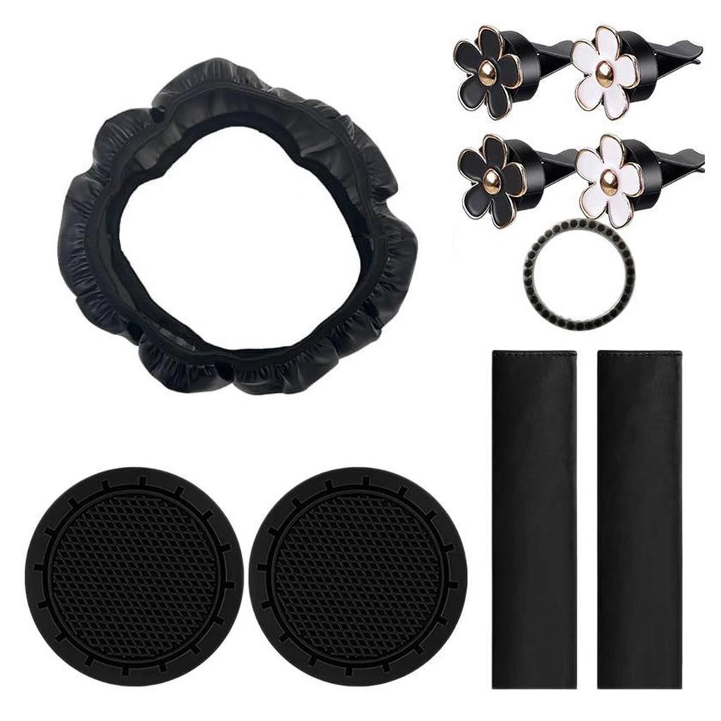 10pcs Women's Leather Steering Wheel Cover, Car Accessories Set With Seat Belt Shoulder Pads,  Start Button Ring Sticker, Vent Clip, Car Accessories