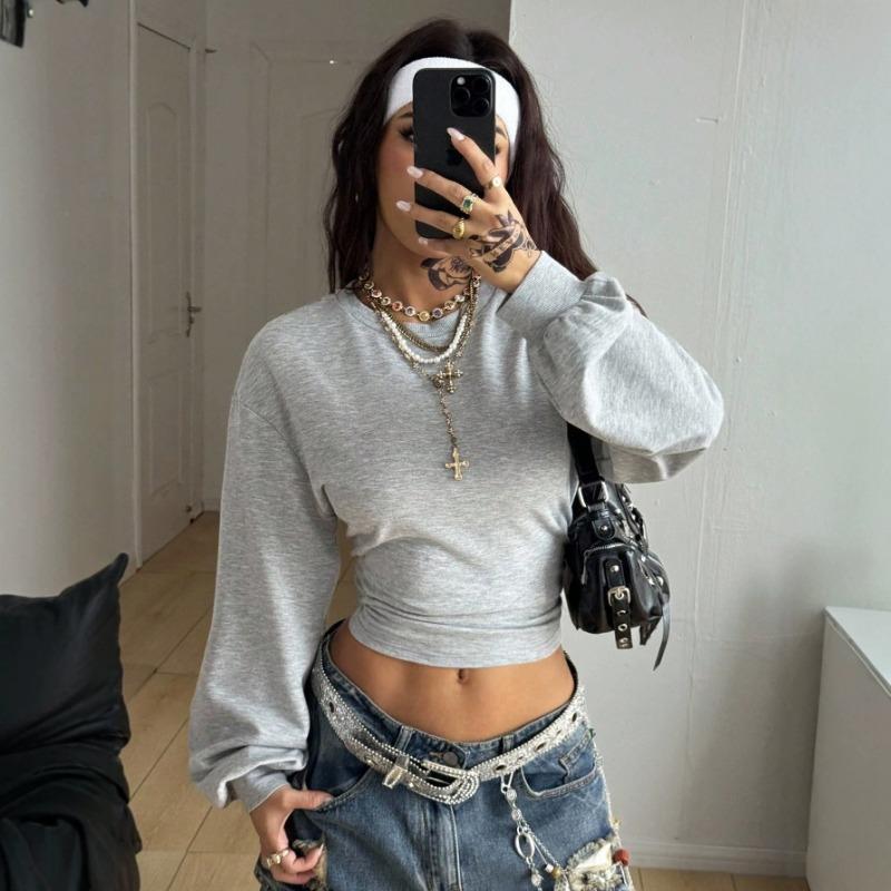 Sudadera con capucha corta para mujer Y2k, manga de farol, Streetwear, ajuste ceñido, top de manga larga