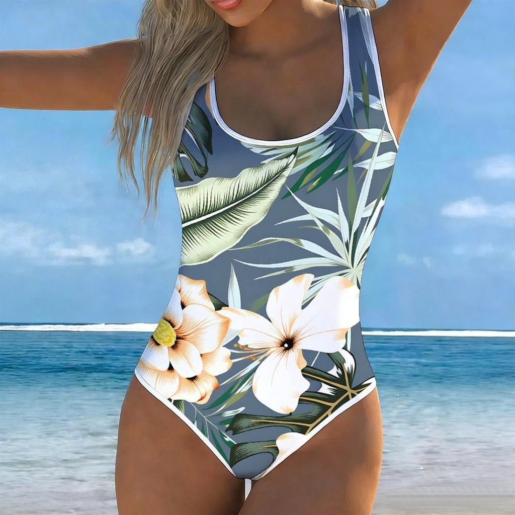 Sommer Sexy Regenbogen Inselblumen Print Einteiler Badeanzug Schlanke Passform, Tiefes U-Rücken Design, Strand Pool Urlaub Auffälliger Mode Badeanzug