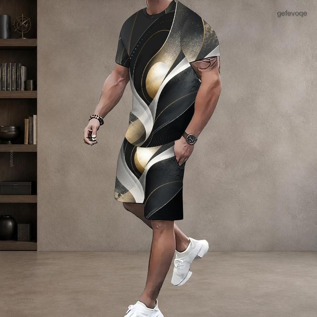 Men Plus Size Colorful Printed Round Neck Short Sleeve T Shirt Drawstring Pocket Shorts Two Piece Set