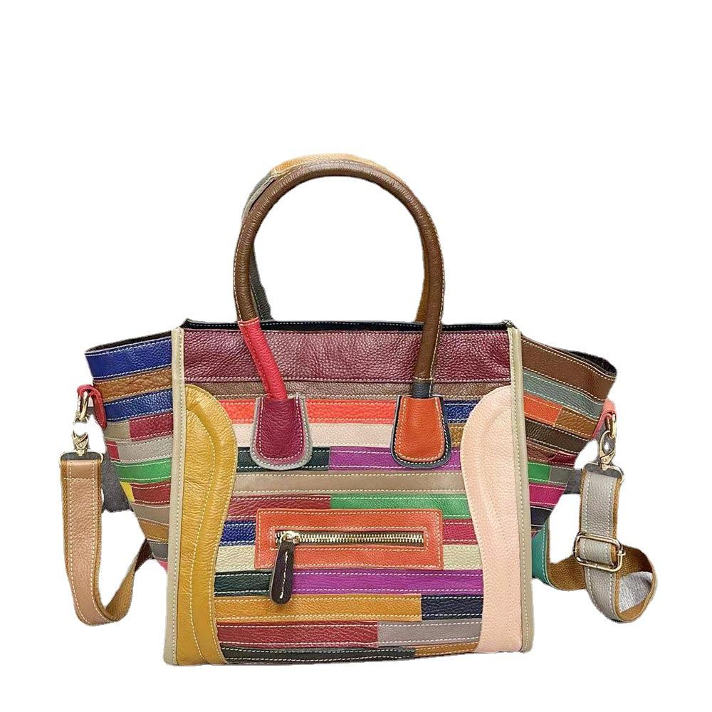 Leather Women's Bag, Cowhide Handbag, Crossbody Bag, European and American Style, Leather Splicing Smiley Face Bag, Large Size