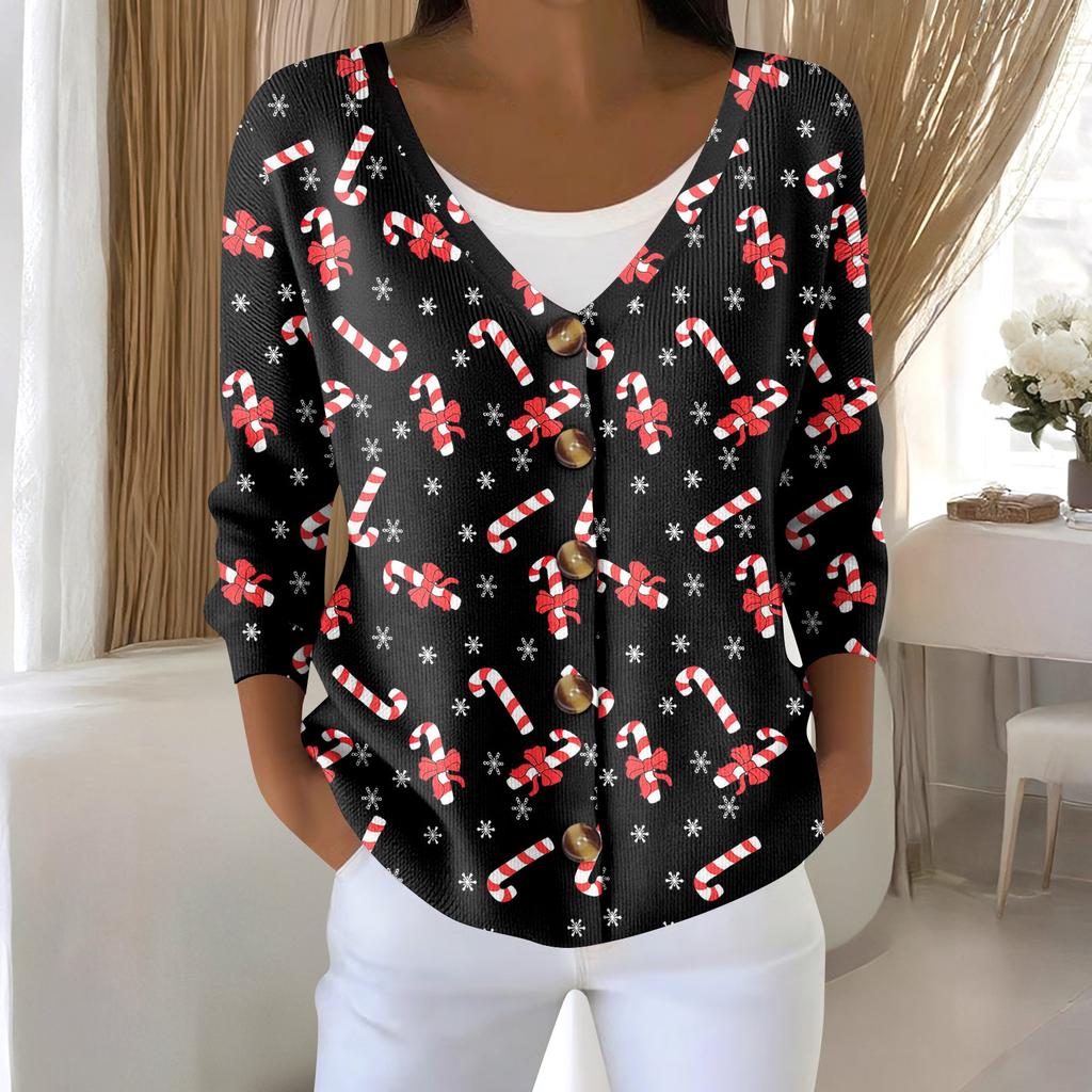 Women's Fashion Long Sleeve Christmas Snowman Snowflake Print Jacket Cardigan