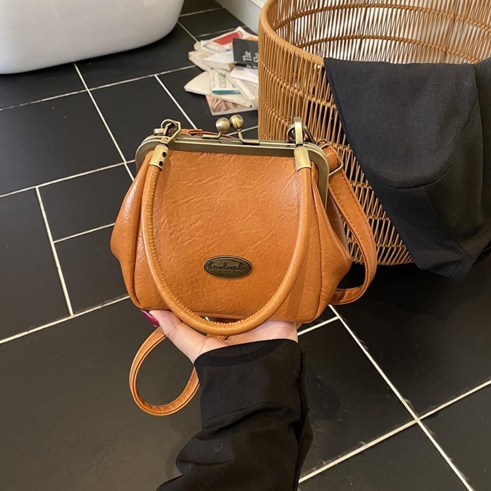 Vintage Kiss Lock Crossbody Bag PU Leather Solid Color Small Handbag Large Capacity Shoulder Bag