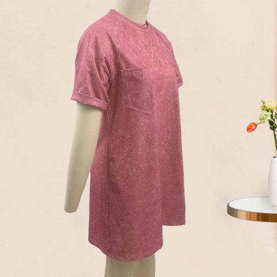 Damenkleid, Rundhalsausschnitt, kurze Ärmel, Brusttasche, Vintage-Stil, Übergröße, kurzes Kleid im Used-Look, einfarbig, Pullover, lässig, für den Alltag, Minikleid