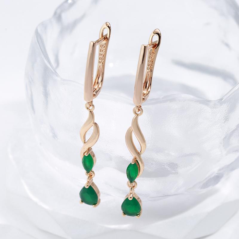 Kienl New Trend  Rose Gold Long Drop Earring For Women Vintage Green Natural Zircon Flower Earrings Bride Wedding Jewelry