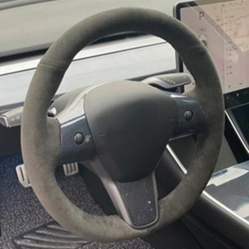 Hand-stitched Anti-Slip Carbon Fiber Suede Braid Car Steering Wheel Cover For Tesla Model S Y Model X Model 3 Car Accessories