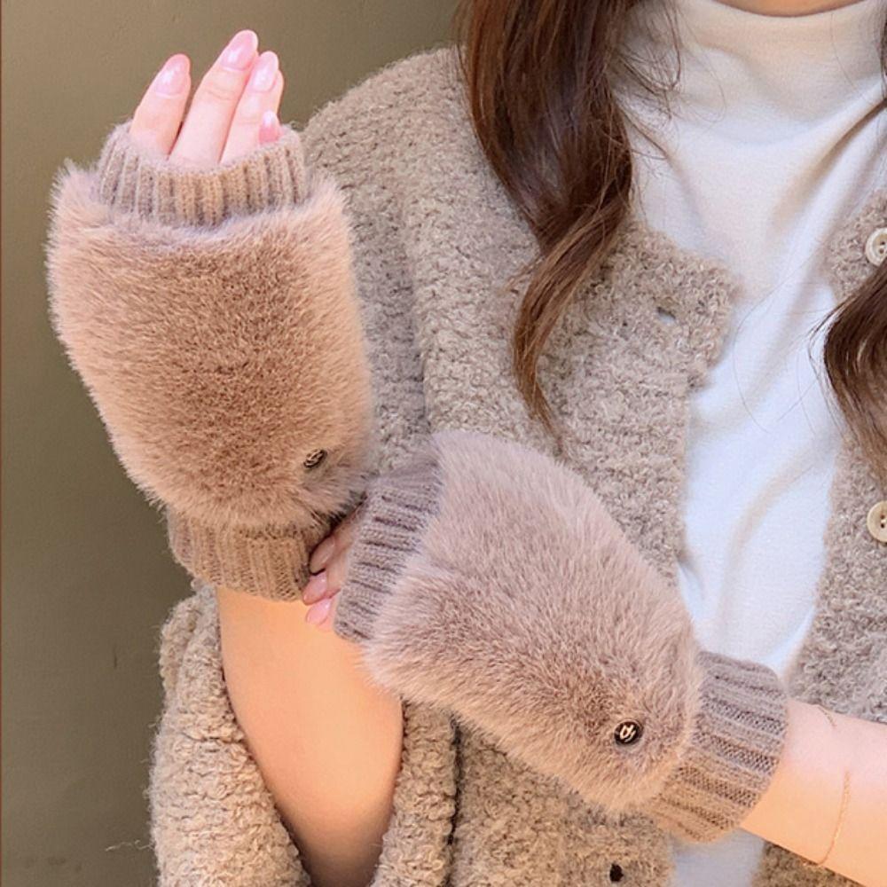 Warm Knitted Gloves Soft Plush Gloves Fashionable Half-Finger Gloves Women