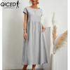 QICED Women's Fashion Summer Spring Solid Color Print O-Neck High Waist Casual Dresses