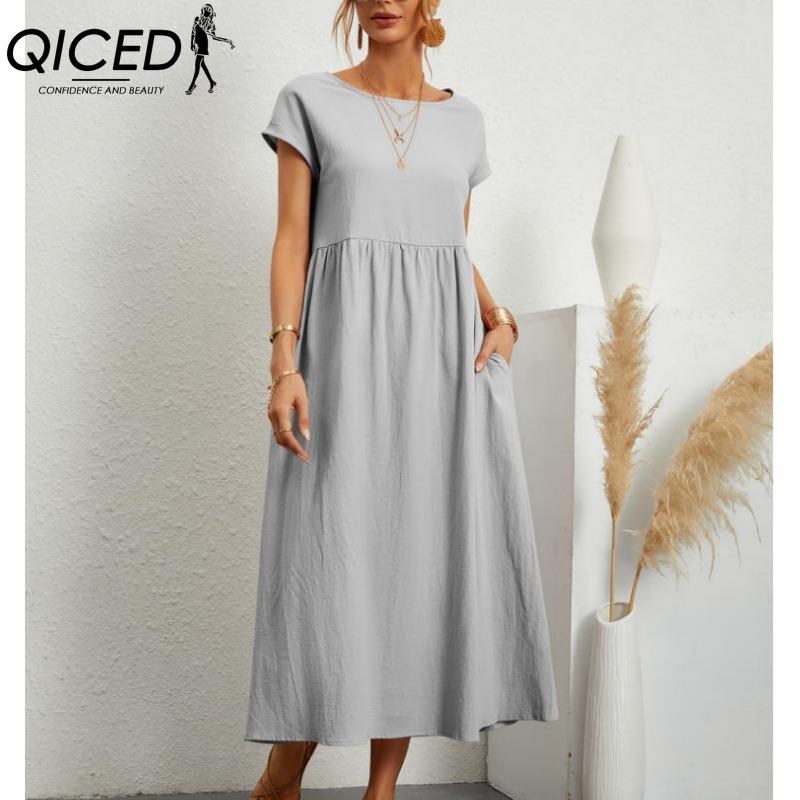 QICED Women's Fashion Summer Spring Solid Color Print O-Neck High Waist Casual Dresses