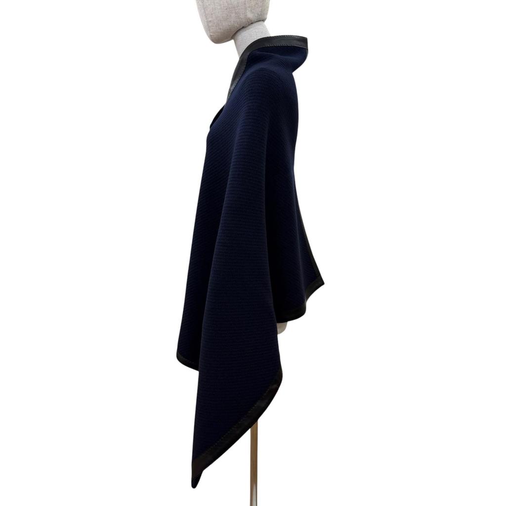 Excellent HERMES shawl H-logo button, leather trim, large poncho Navy wool Women Used