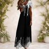 Women Plus Size Black White V Neck Short Sleeve Butterfly Printed Long Dress