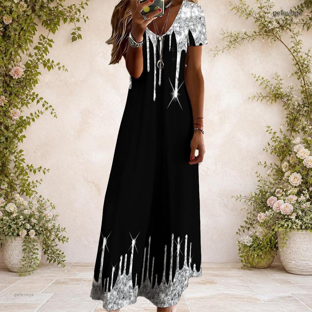 Women Plus Size Black White V Neck Short Sleeve Butterfly Printed Long Dress